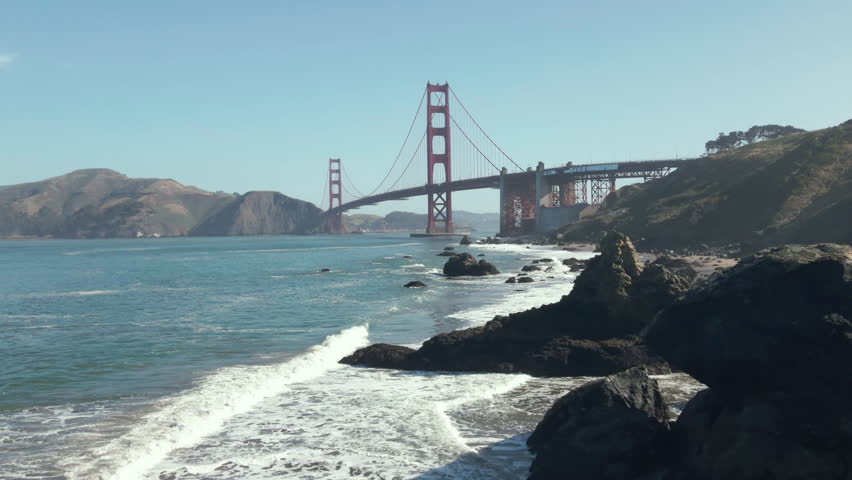Golden Gate Bridge, San Francisco, California, USA, Drone Aerial View of Iconic Landmark on Sunny Day From Rocky Marshall