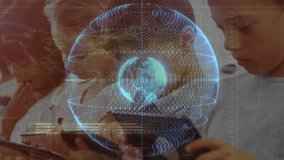 Four students tapping tablets in classroom hologram globe overlaying and guiding geography learning. Devices, interactive, education, collaboration, focus, touchscreen, kids - Powered by Shutterstock - Get 15% off with code: PIKWIZARD15