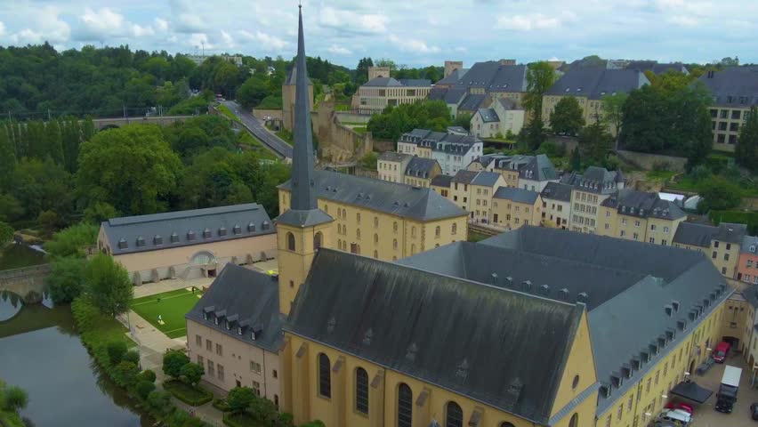Street view around the city and capitol Luxembourg in the country Luxembourg walking  around the streets on a cloudy day in spring