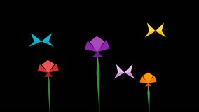 Background, Animation Origami butterfly flying among flowers, flower, colorful,  animation, butterfly, flying, color, fly. Three origami flowers with green stems and three origami birds in flight against a black background   - Powered by Shutterstock - Get 15% off with code: PIKWIZARD15