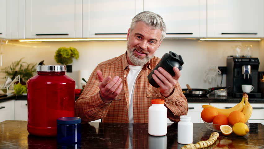 Middle-aged man holds protein shaker giving post workout nutrition advice for fitness diets in kitchen. Mature guy smiles showing strength promoting muscle recovery with supplements indoors at home.