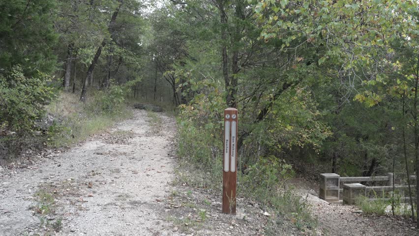 A gravel forest trail winds through autumn colored trees toward a stone bridge and wooden signpost.