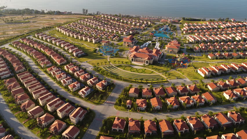 Luxury resort near Mui Ne in Vietnam, aerial drone fly over view