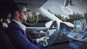 Male driver tapping console, starting auto AR HUD monitoring systems, showing radar, wheel overlay. Augmented, infotainment, futuristic, hightech, interior, sedan, focus - Powered by Shutterstock - Get 15% off with code: PIKWIZARD15