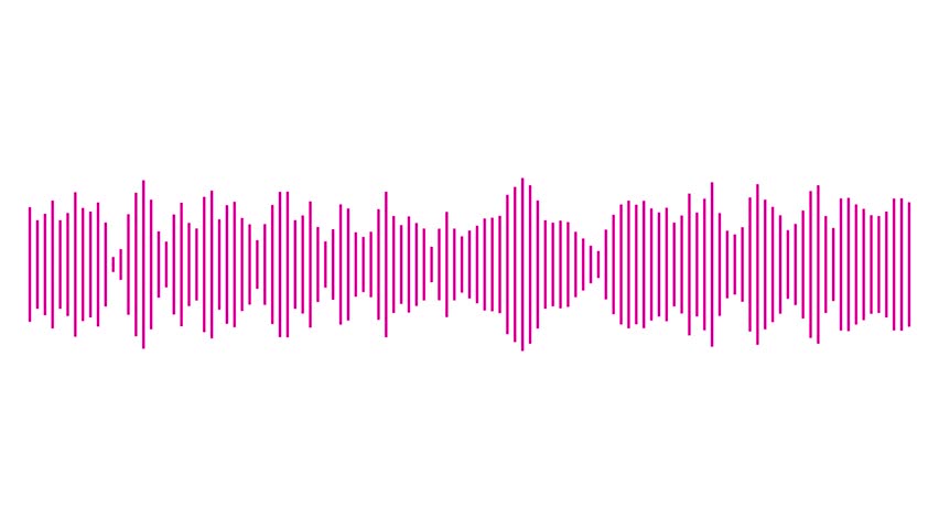 A magenta soundwave graphic composed of vertical lines of varying heights against a white background. The lines are arranged horizontally, creating a visual representation of audio amplitude and...