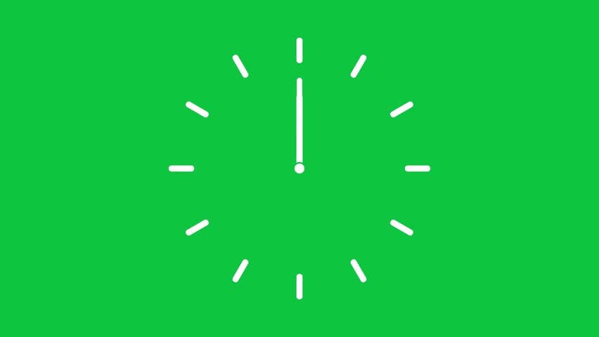 A minimalist analog clock face with white hour and minute hands is centered on a solid, vibrant green background. The clock has simple white tick marks for each hour. Clear details and vibrant col...