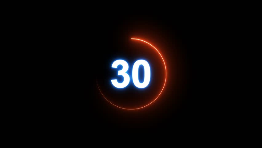 Countdown timer from 30 to 0 seconds real time. neon glowing animation.