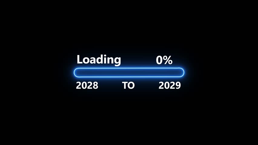 A digital progress bar illustrates the transition from the year 2028 to 2029, with 68 percent of the loading complete. The bar features a vibrant blue and white neon glow against a black backdrop.
