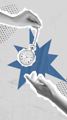 Trendy halftone collage. A hand holds a ringing alarm clock. Reminder on calendar. Vector business concepts for graphic and web design, marketing and print materials, stop motion, collage art.