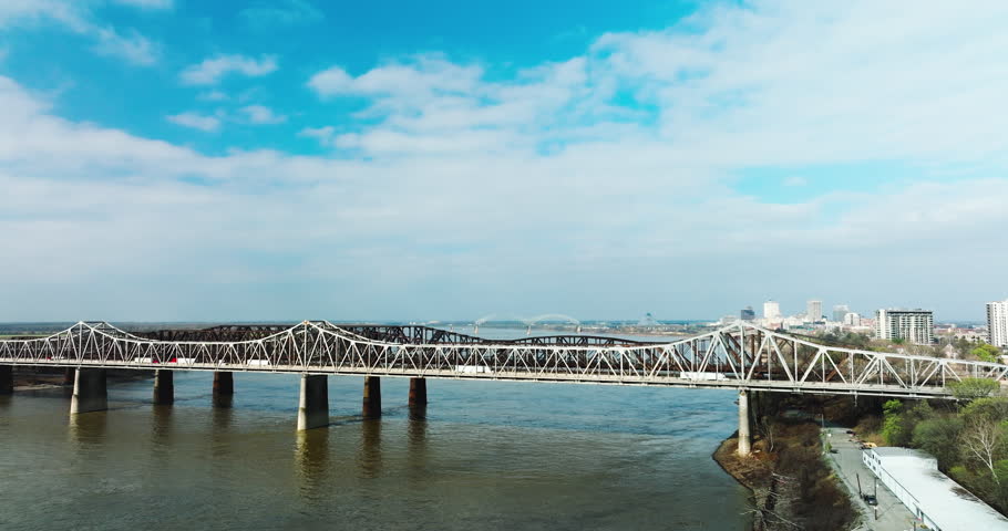 The Memphis-Arkansas Memorial Bridge On Interstate Highway 55 In West Memphis, Arkansas, USA. Aerial Drone Shot