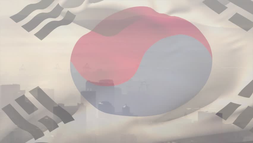 Wind starting, large flag with Taegeuk rippling and folding over hazy skyline, shifting visibility. Ensign, yinyang, cityscape, haze, overlay, silhouette, urban