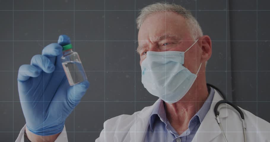 Doctor wearing mask and gloves lifting vaccine vial and causing HUD to display dosage numbers. Clinical, medical, laboratory, healthcare, professional, overlay, glass