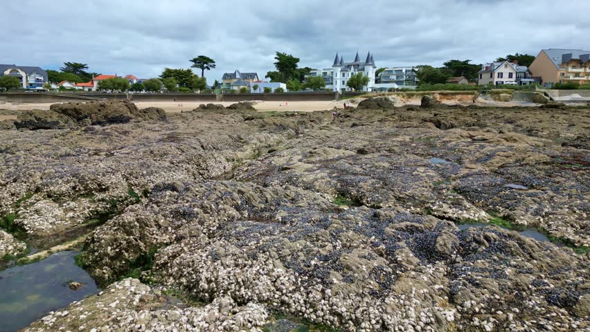 Low height drone movement over the Plage de Bonne-Source rocky coastal commune of Pornichet with seaweed-covered shore side, Loire-Atlantique, France.