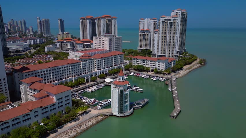 Penang Georgetown city port Straits Quay. Nice aerial view drone