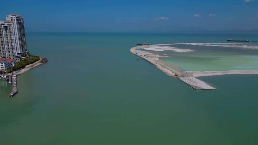 Penang Georgetown city port Straits Quay. Magic aerial view drone
