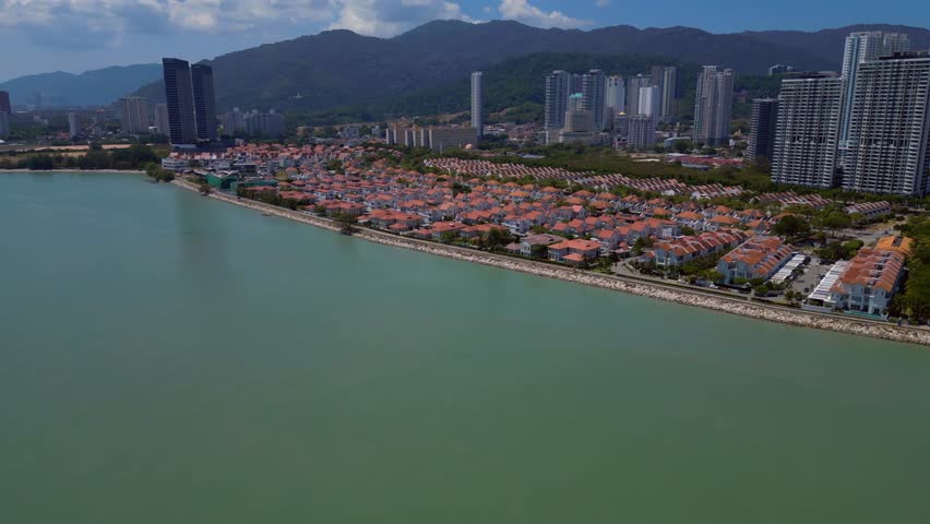 Penang Georgetown city port Straits Quay. Perfect aerial view drone