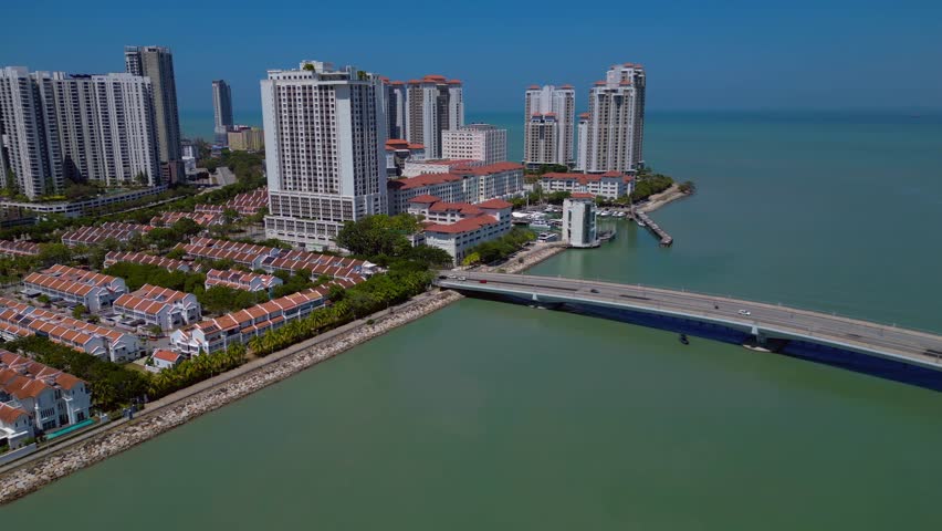 Penang Georgetown city port Straits Quay. Lovely aerial view drone