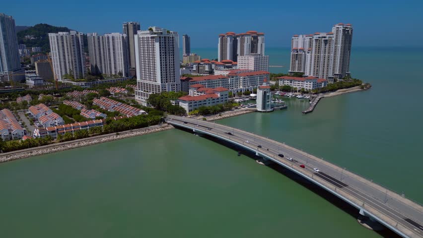 Penang Georgetown city port Straits Quay. Smooth aerial view drone