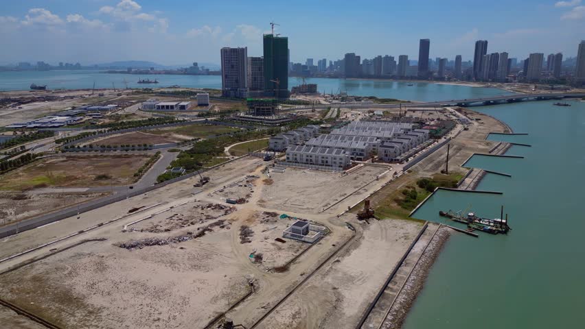 Penang Georgetown city port Straits Quay. Amazing aerial view drone