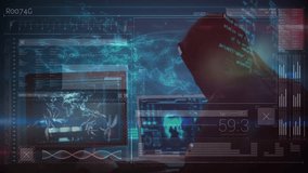 Animation of data processing over caucasian male computer hacker in balaclava using laptop. global online security, cybercrime and data processing concept digitally generated video. - Powered by Shutterstock - Get 15% off with code: PIKWIZARD15