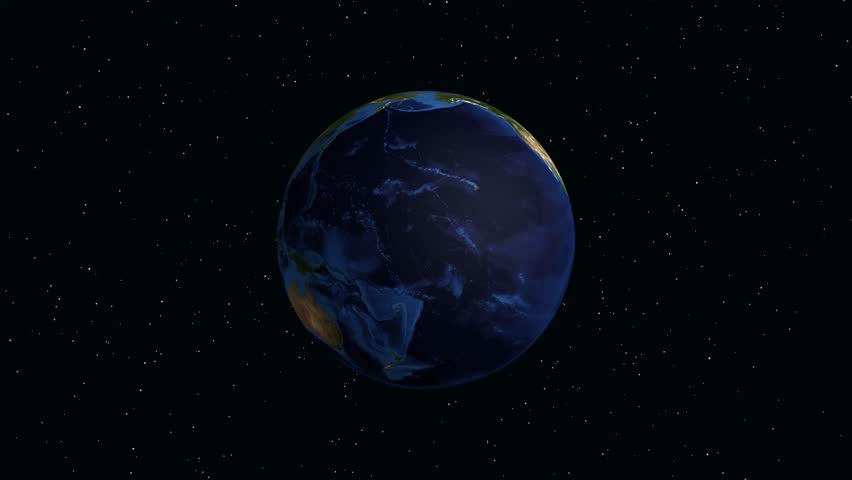 A digital animation zooms from space into North America, highlighting Concord with population statistics