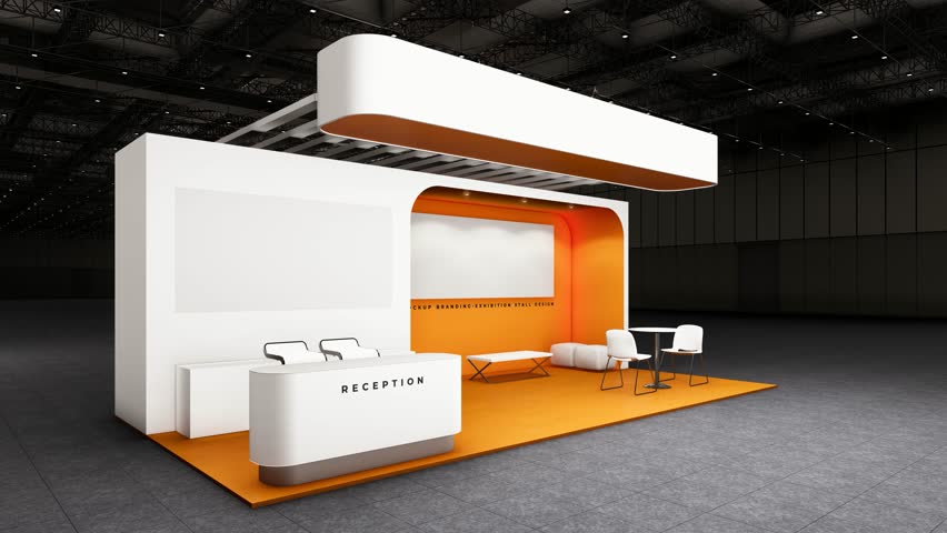 Exhibition stall mockup design, corporate booth. lounge branding area, 3d rendering. 3d illustration.