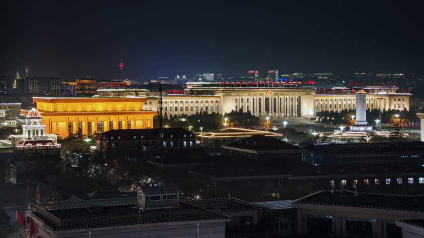 Night view of the Great Hall of the People and the Monument to the People