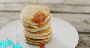 Stack of pancakes getting syrup while chart fading and sector icons sliding visualizing sectors. Food, breakfast, rustic, digital, infographic, technology, hospitality - Powered by Shutterstock - Get 15% off with code: PIKWIZARD15