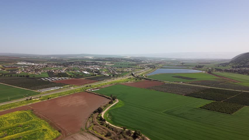 An aerial view of Mount Gilboa in Israel during spring. Drone capture