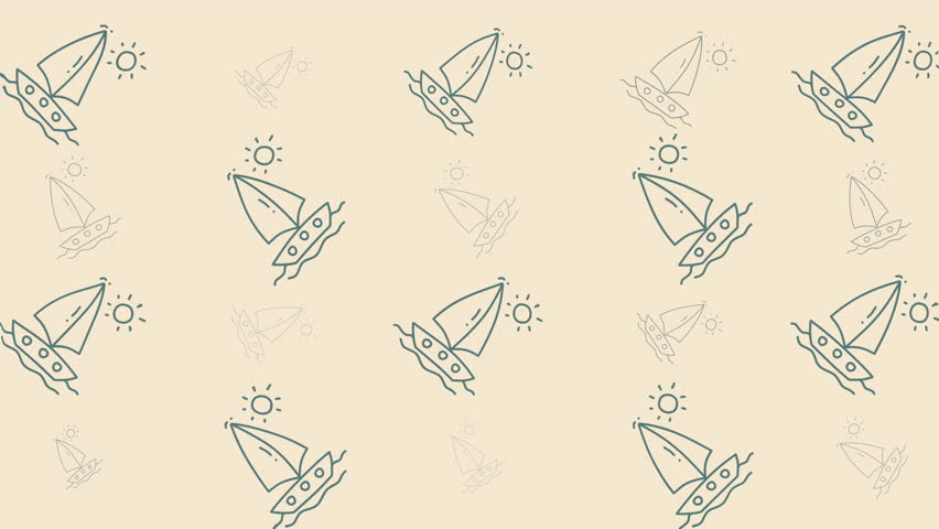 Holiday doodle pattern of sailing boats and suns on beige for whimsical vacation scenes. Versatile for projects like cards, posters, and social media.