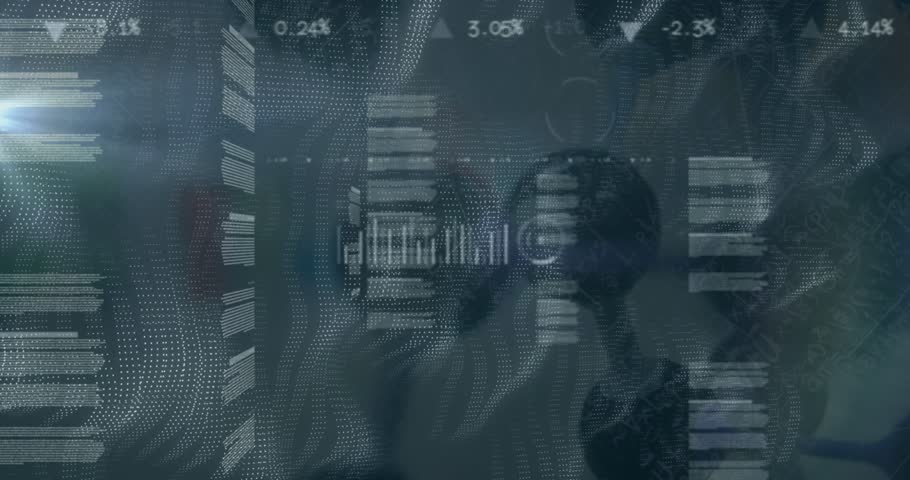 Animation of white text circular safe lock rotating over data processing on graphs. Global connections technology and digital interface concept digitally generated image.