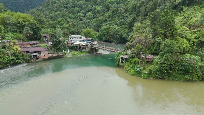 Aerial shot showcasing vibrant green vegetation and a clear river merging with muddy water, set in Agua Clara, Buenaventura.