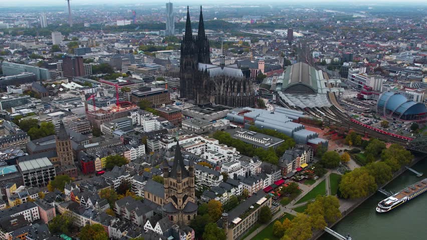 A panoramic aerial view around the old town of the city Cologne or Köln on a cloudy autumn noon in Germany
