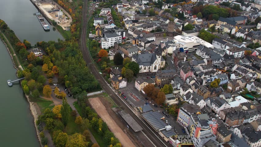 Aerial view around the old town of the city Lahnstein on a cloudy autumn afternoon in Germany.