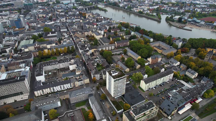 Aerial view around the old town of the city Koblenz on a cloudy autumn afternoon in Germany.