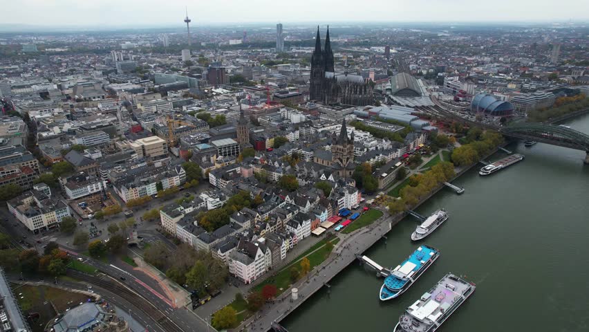 Aerial view around the old town of the city köln on a cloudy autumn afternoon in Germany.