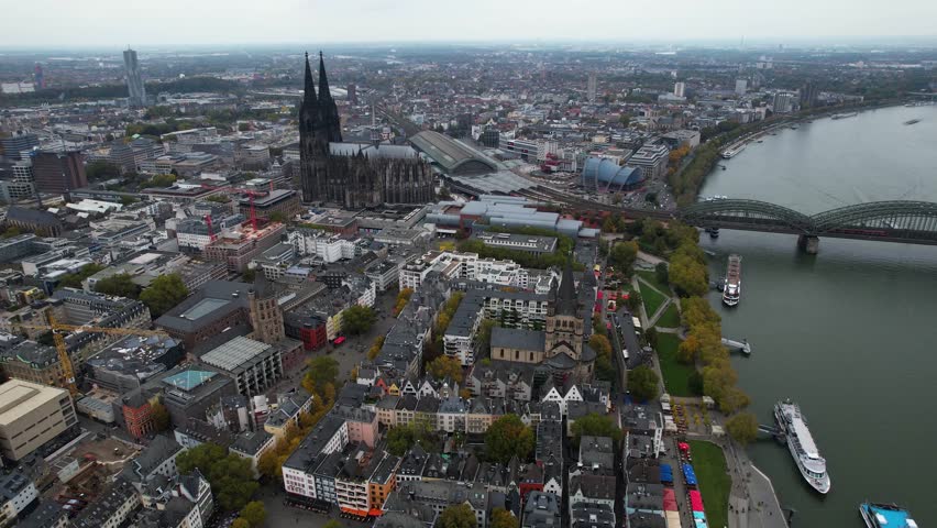 Aerial view around the old town of the city köln on a cloudy autumn afternoon in Germany.