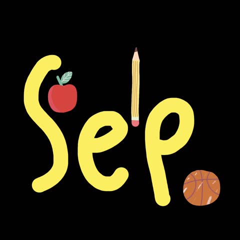 Animated September yellow lettering with apple pencil and basketball, playful back to school theme.