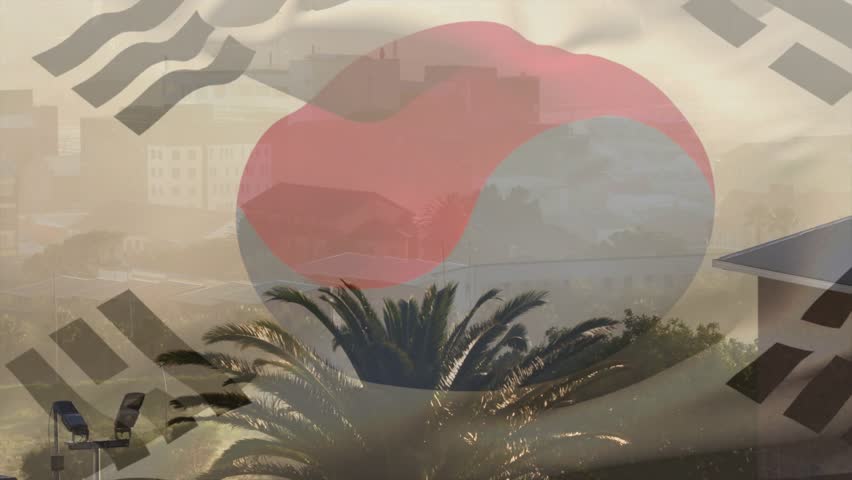 Breeze lifting semi-transparent South Korean flag, rippling and revealing hazy skyline, palm tree. Taeguk, yinyang, overlay, urban, coastal, mist, diffuse