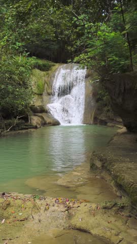 Slow-motion footage of a natural waterfall with a rushing stream of water amidst dense trees. A dramatic video portrait of a waterfall nestled among shady trees with clear, fast-flowing water.