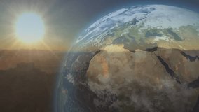 Sun near horizon initiating pan, Earth rotating and revealing Atlantic coasts, showing orbital view. Globe, space, lensflare, atmosphere, clouds, terminator, planet - Powered by Shutterstock - Get 15% off with code: PIKWIZARD15