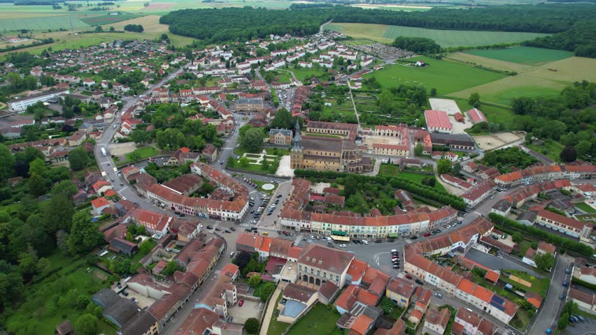 Aerial panorama view of the city La Porte du Der in France on a cloudy noon in late spring