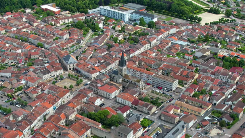 Aerial panorama view of the city Ligny-en-Barrois in France on a cloudy noon in late spring