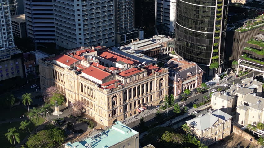 Aerial view of Brisbane cityscape in Australia with modern high rise buildings and business centers along the riverbank, urban skyline and travel destination