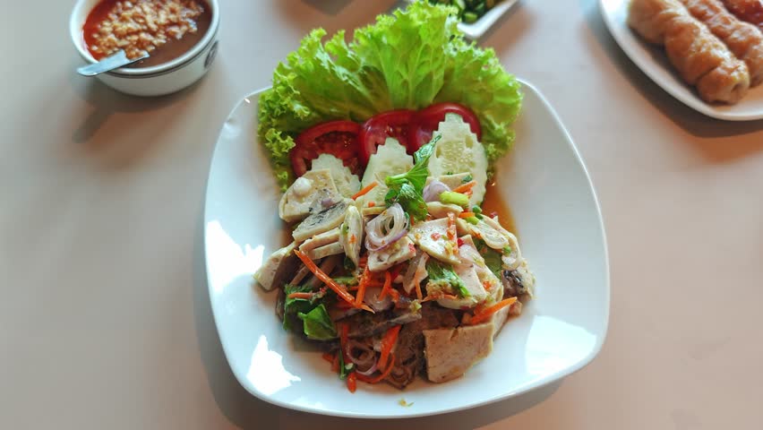 Vietnamese pork sausage spicy salad Thai called Yum-Moo-Yor
