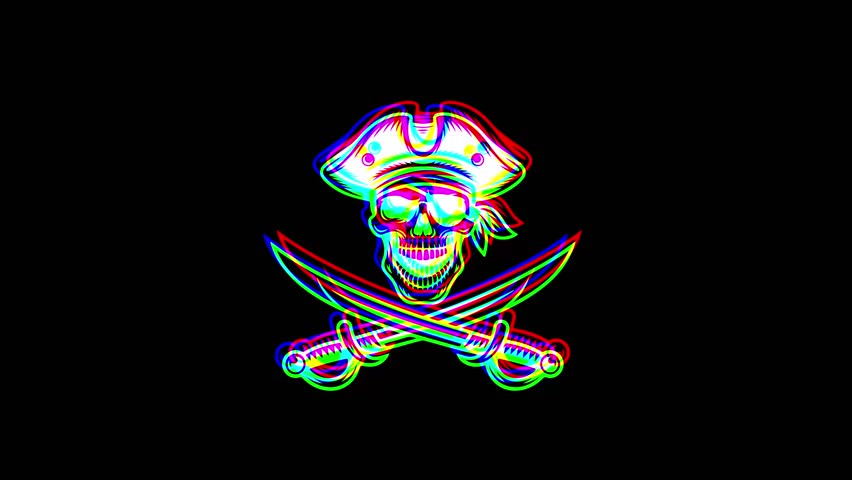 Animated pirate skull wearing a tricorn hat with crossed sabers featuring a vibrant digital glitch effect, chromatic aberration, and RGB shifts on a black background.