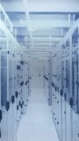 Vertical video: Server aisle filling with appearing, cascading binary digits, showing data flow. Racks, cabinets, cables, corridor, glass, digital, vertical video - Powered by Shutterstock - Get 15% off with code: PIKWIZARD15