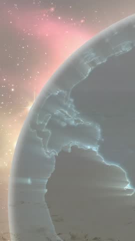 Vertical video: Family playing and running on beach, globe pulsing sparks intersecting group, tech. Shore, sand, horizon, aurora, overlay, parents, vertical video