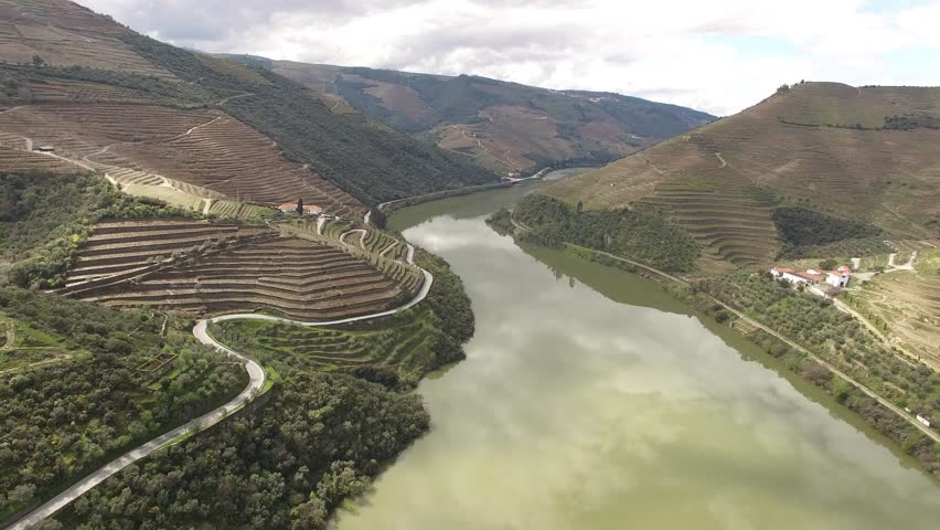 Serene Douro River winding through vineyard hills