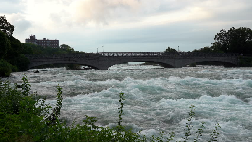 A view of a bridge over the rapids on the Niagara River just above the Niagara Falls.